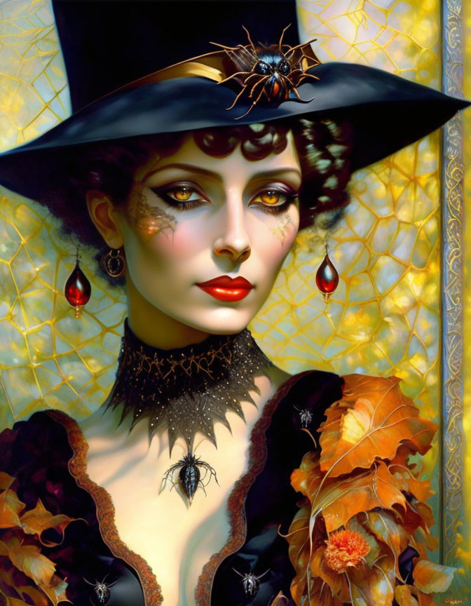 Illustrated Gothic Woman with Spider Hat and Autumn Theme