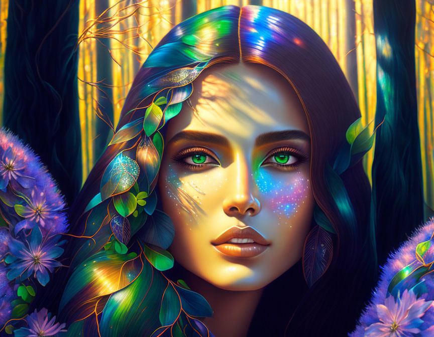 Iridescent hair woman with cosmic face patterns and vibrant foliage