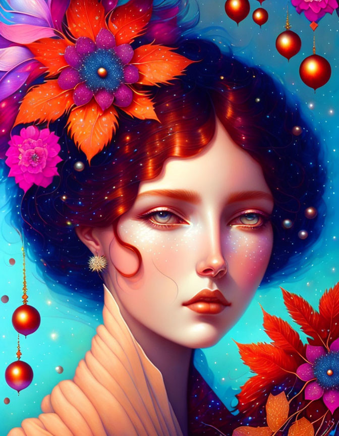 Colorful floral digital portrait of a woman with red hair on starry blue backdrop