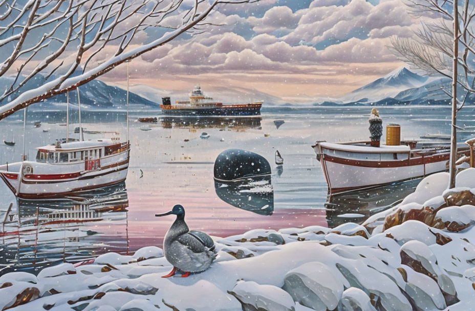 Winter scene: boats by snowy shore with duck, distant ship, mountains, cloudy sky