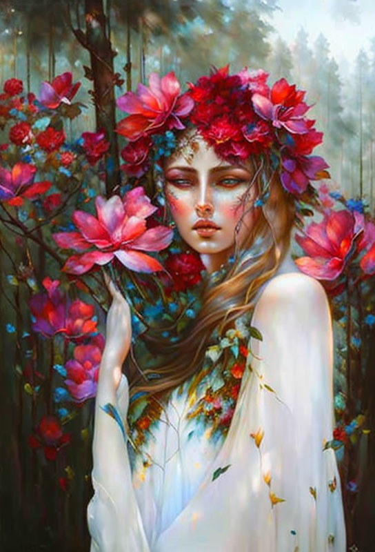 Illustration of Woman with Flowers in Ethereal Forest