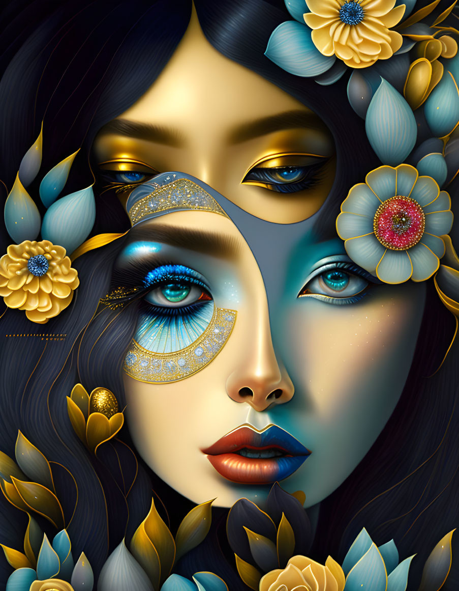 Woman with Blue and Gold Floral Motifs and Ornate Mask Adornment