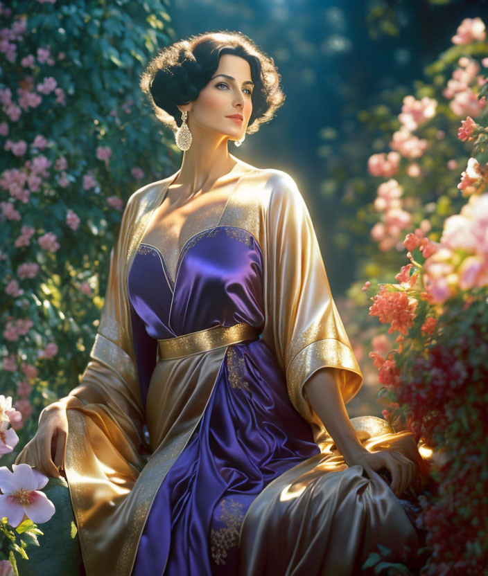 Elegant Woman in Purple and Gold Dress Surrounded by Roses