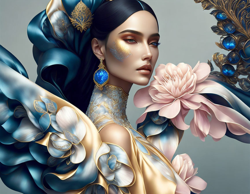 Digital artwork featuring woman with golden tattoos, teal earrings, and floral headdress