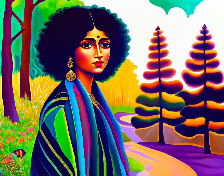 Colorful painting of woman with black hair in blue attire against vibrant landscape