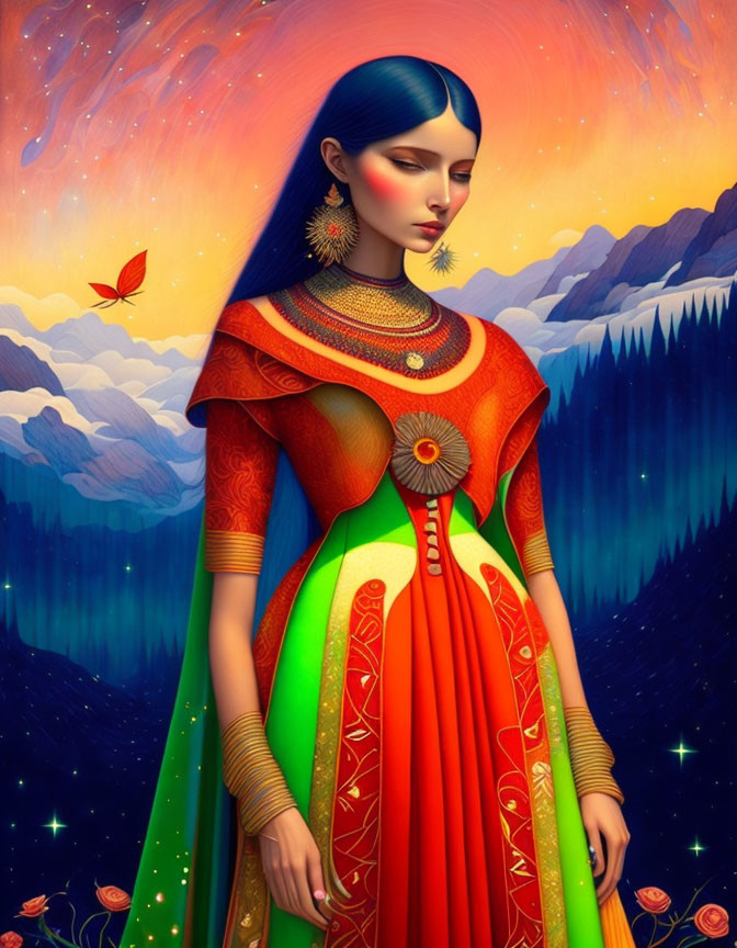 Vibrant traditional dress woman illustration with mountain backdrop