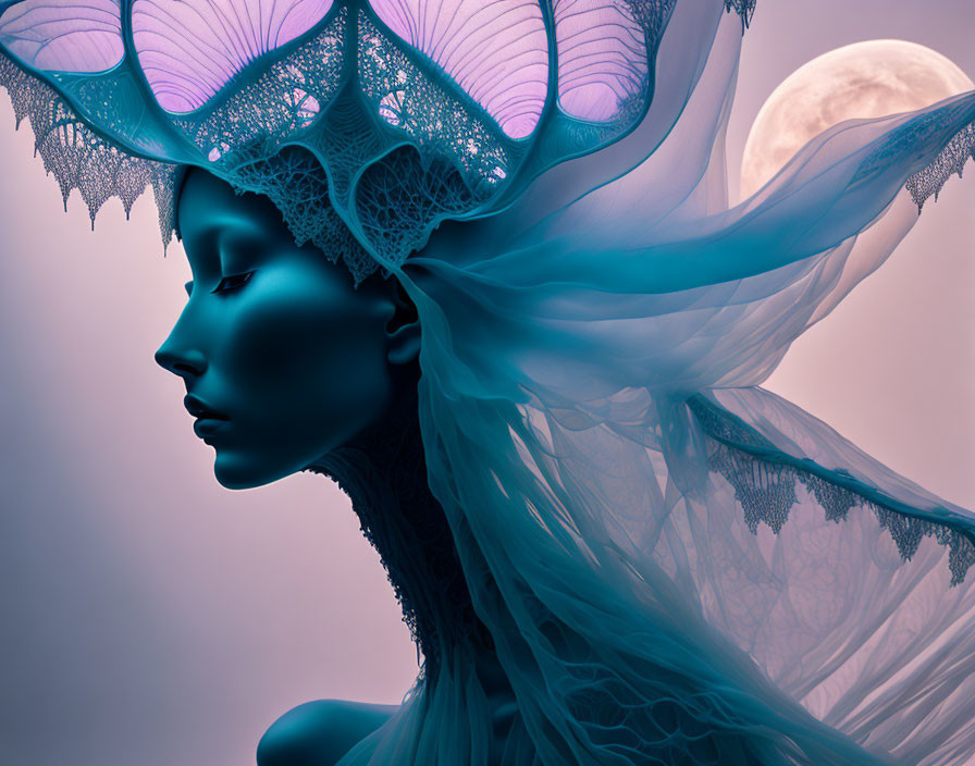 Blue-skinned woman in intricate headdress against moonlit backdrop