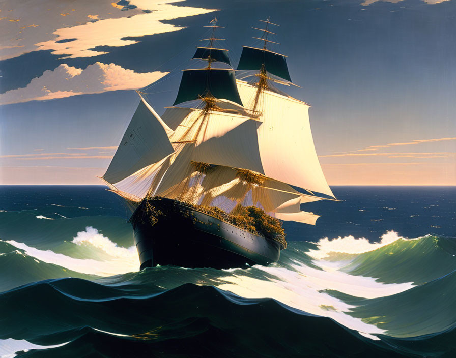 Majestic sailing ship with full white sails navigating stormy seas