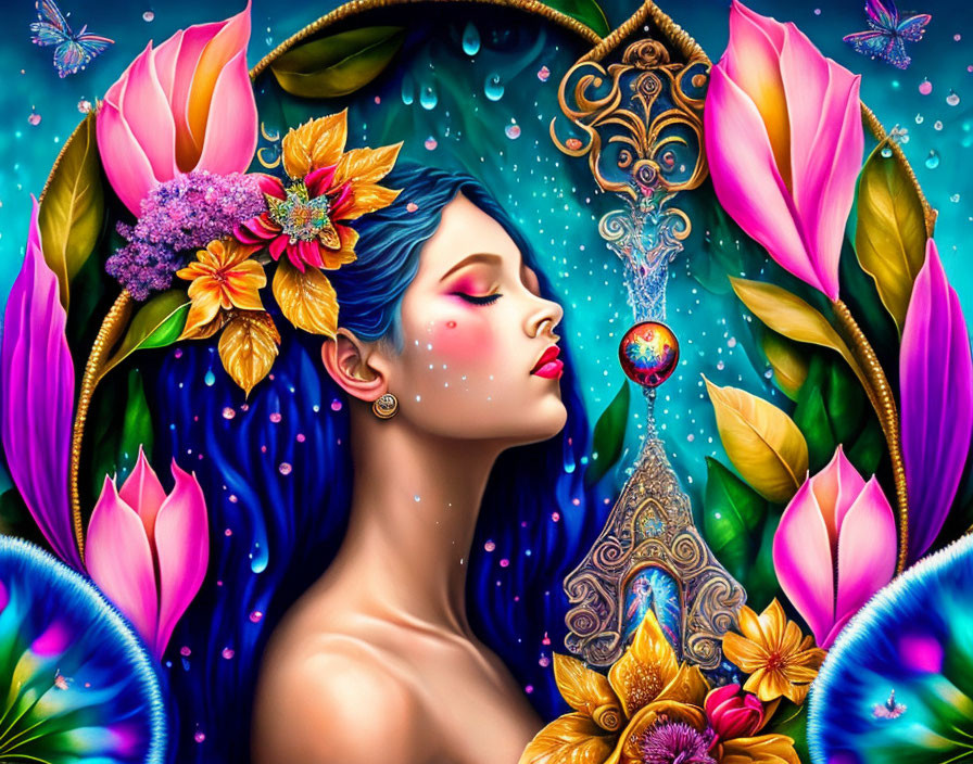 Colorful Surreal Woman Surrounded by Flowers and Butterflies