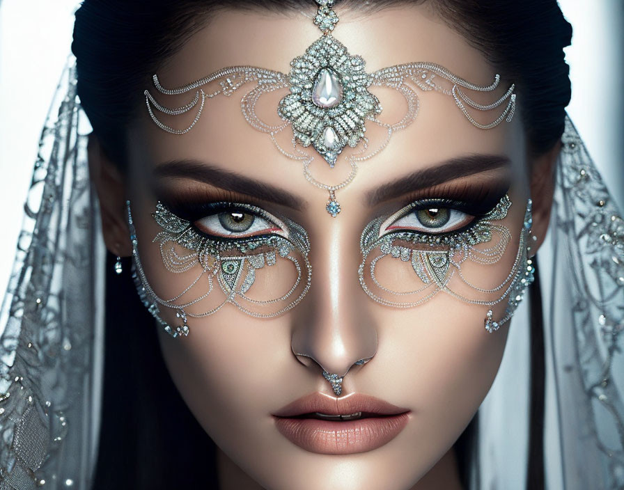 Woman with Striking Makeup and Ornate Facial Jewelry