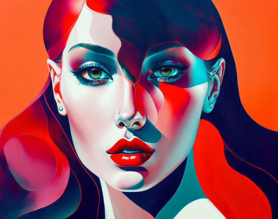 Colorful digital artwork: Woman with multicolored face on red-orange backdrop