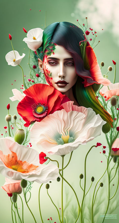 Colorful Floral Stylized Portrait of Woman with Green Hair