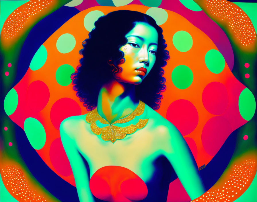 Vibrant portrait of a woman with curly hair in neon palette