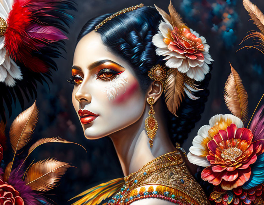 Colorful feather and flower adorned woman with vibrant makeup and elegant jewelry