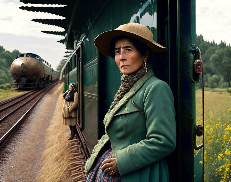 Vintage-clad woman by old train with approaching train and person in background