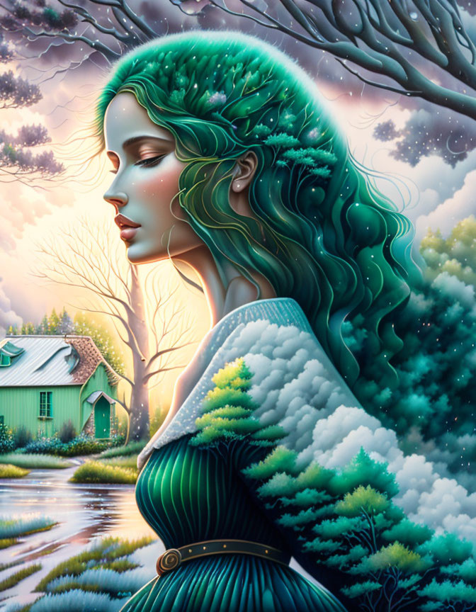 Profile view digital artwork: Woman with green tree foliage hair, serene expression, against seasonal nature backdrop.