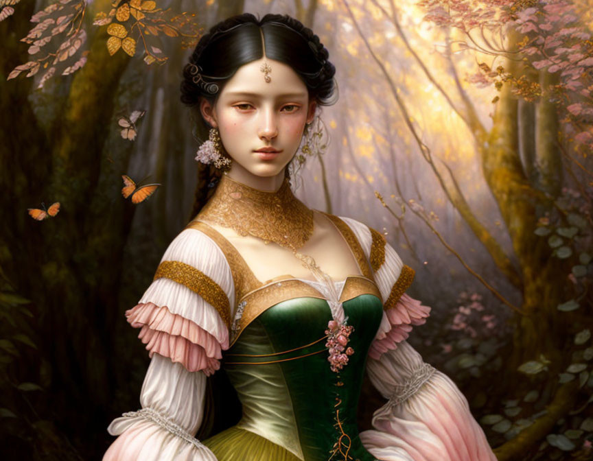 Digital artwork of woman in elegant fantasy dress in forest with butterflies