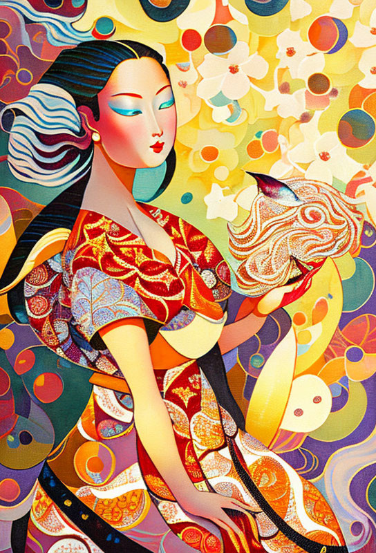 Colorful Kimono-Wearing Woman Holding Swirl Object in Vibrant Illustration