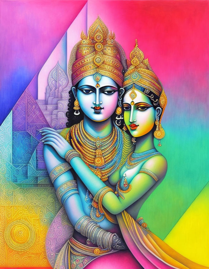 Colorful artwork: Two figures in Indian attire with traditional jewelry, set against spiritual geometric background.