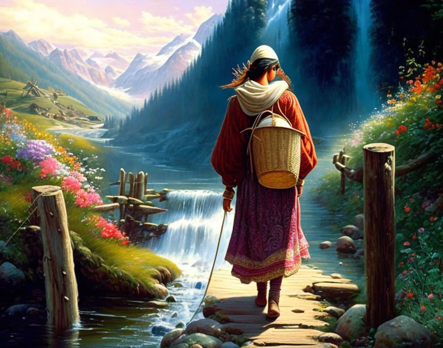 Person in traditional attire walking on wooden path by river, surrounded by vibrant nature.