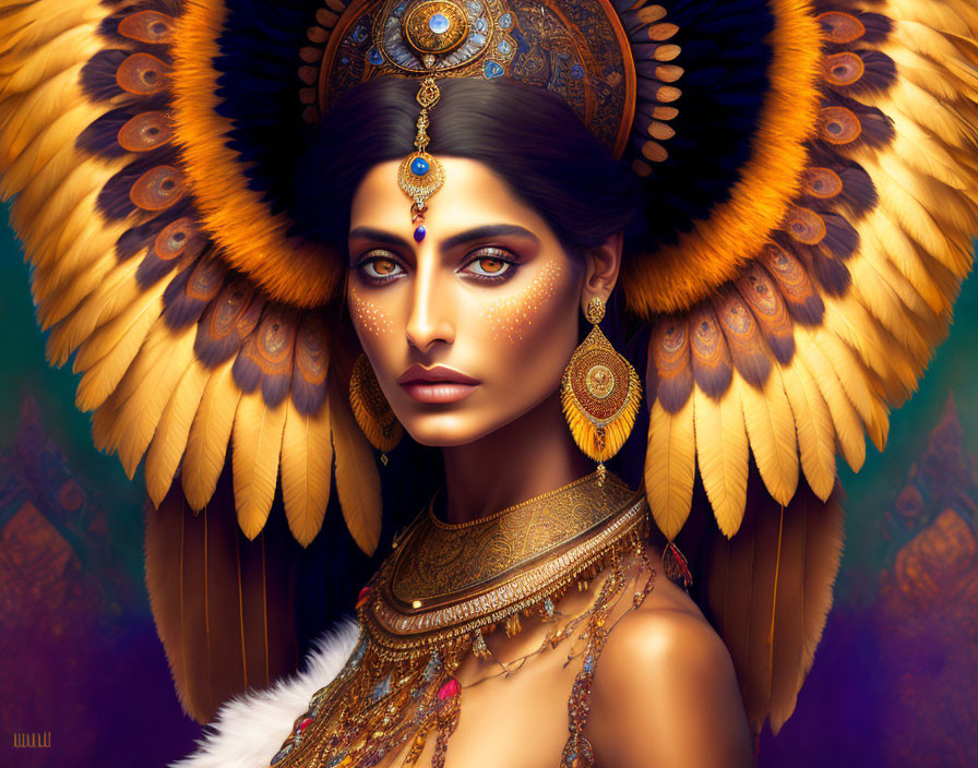 Majestic golden headdress adorned with feathers and jewels