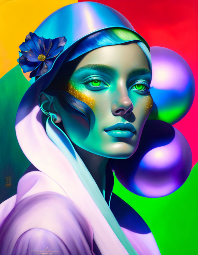 Vibrant portrait with iridescent skin, green eyes, and floral hair accessory