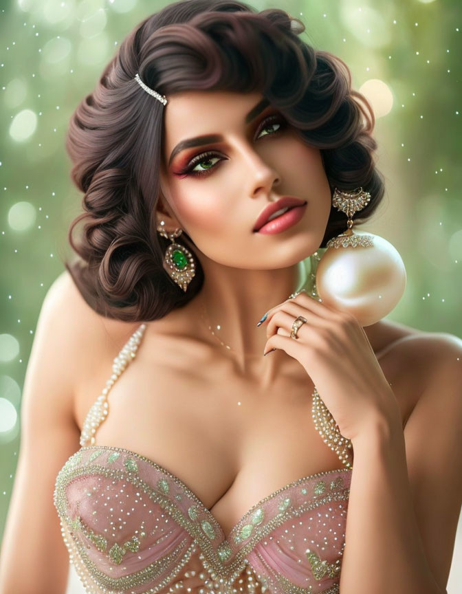 Woman with Voluminous Curly Hair and Pearl Jewelry Illustration