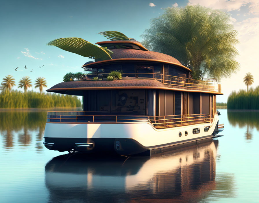 Modern multi-story houseboat with expansive windows and terraces on calm waters.