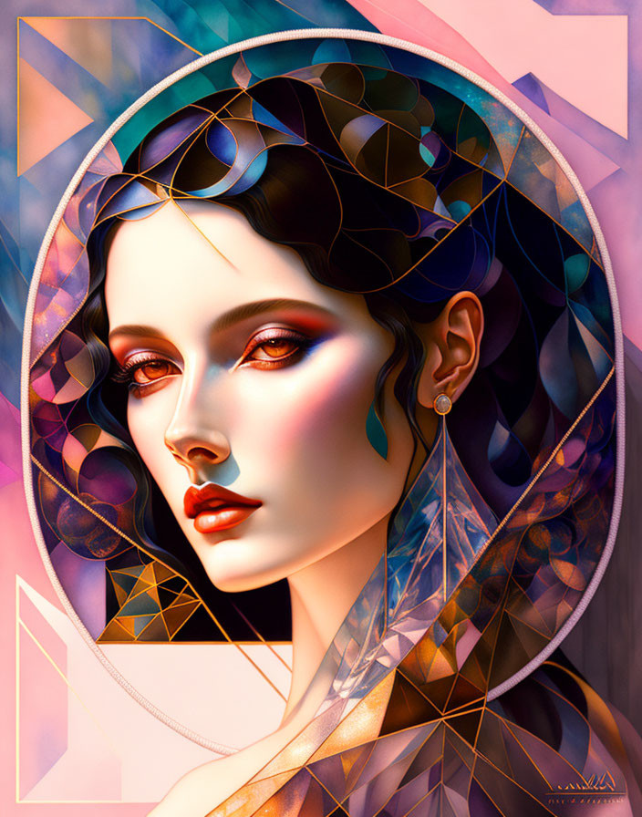 Geometric Patterns and Warm Colors in Stylized Woman Portrait