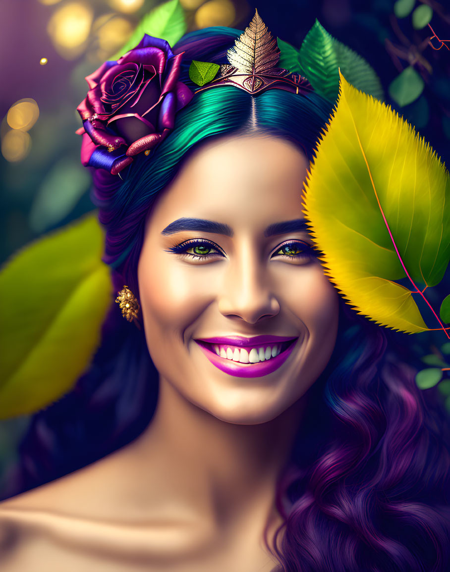 Colorful digital portrait: Smiling woman with green hair and flower crown on leafy background