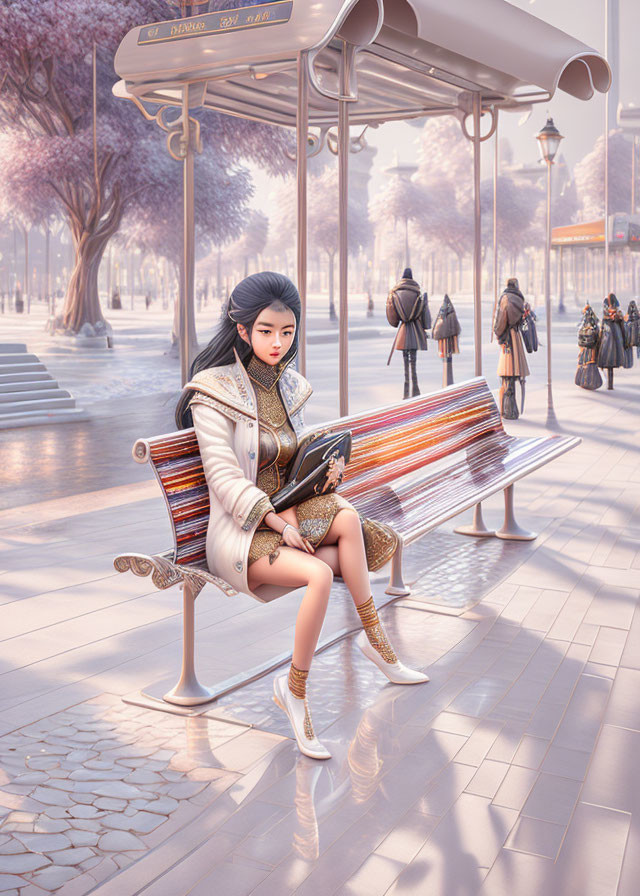 Fashionable woman reading book at bus stop in white jacket and golden boots with autumn backdrop.