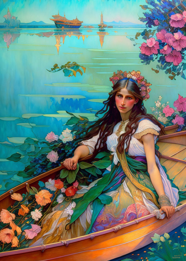 Woman with floral wreath in boat surrounded by ships and flowers