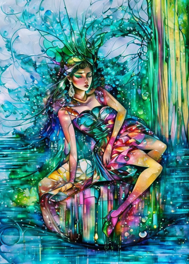 Colorful Watercolor-Style Illustration of Fantastical Female Figure with Elaborate Green Head