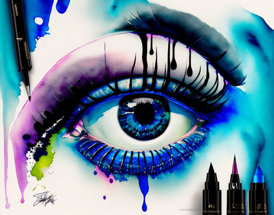 Vibrant blue and purple human eye with makeup products