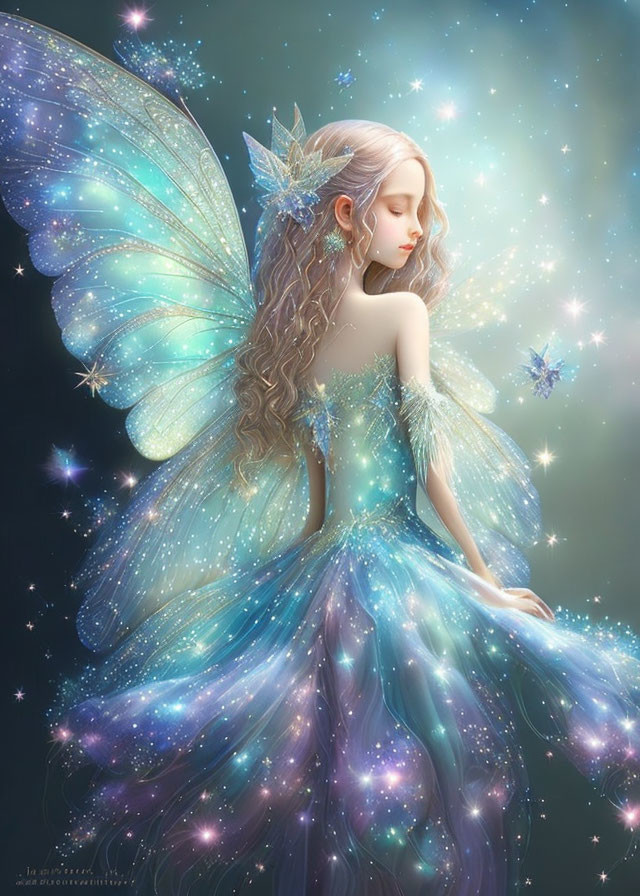 Ethereal fairy with shimmering wings in blue dress surrounded by lights