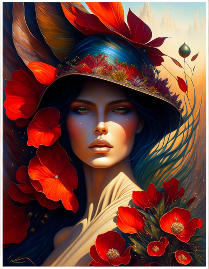 Colorful woman with floral hat in surreal landscape