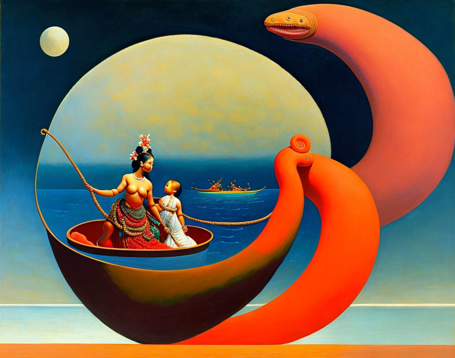 Surrealist painting: woman, child, orange creature in boat on sea globe, blue sky,