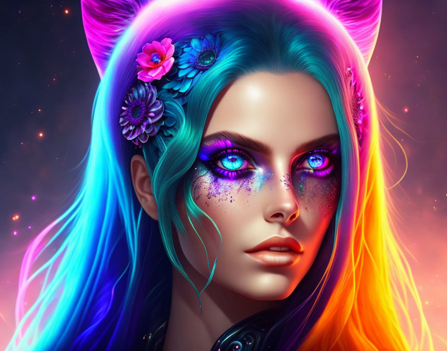 Colorful digital portrait of a woman with neon hair and cat-like ears.