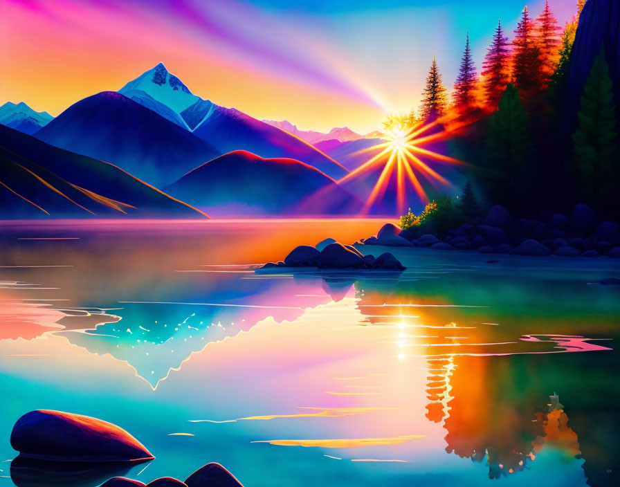 Scenic sunset over lake with mountain backdrop and colorful reflections