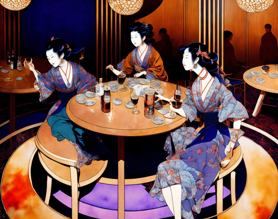 Three women in traditional Japanese attire at modern bar table with drinks