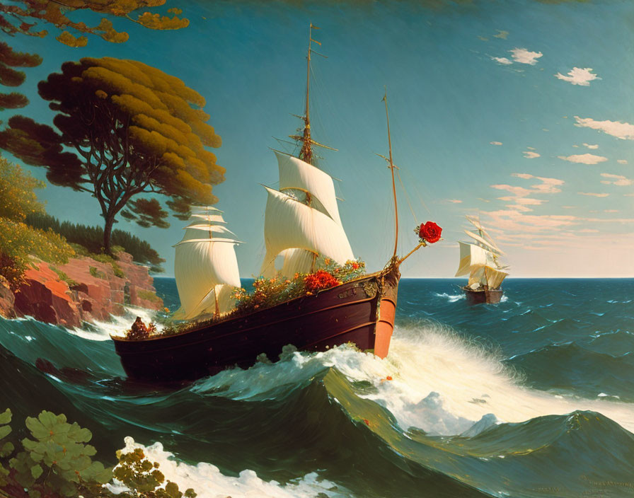 Maritime painting of sailing ships near rocky shore