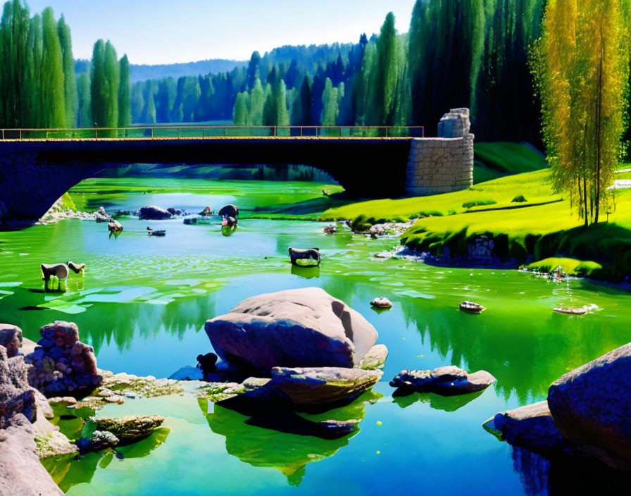 Tranquil green landscape with cows by a bridge and lush surroundings