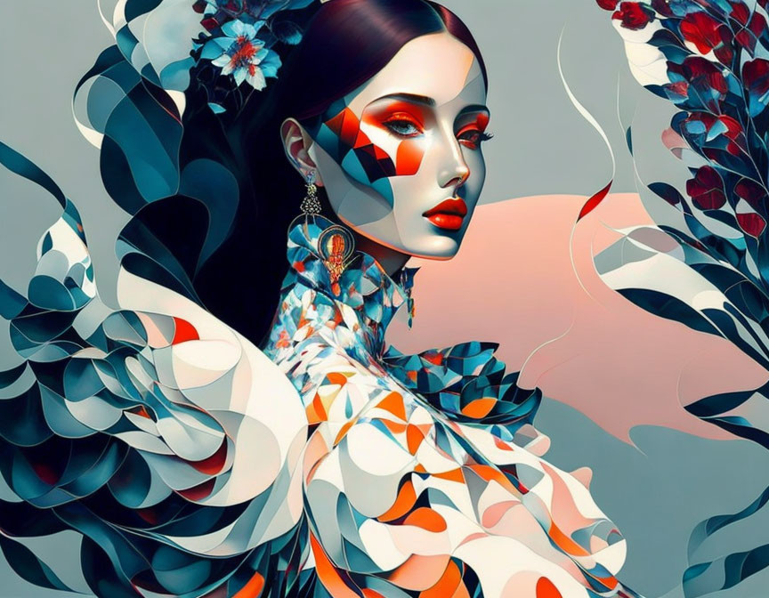 Digital portrait of woman with red makeup & colorful floral patterns