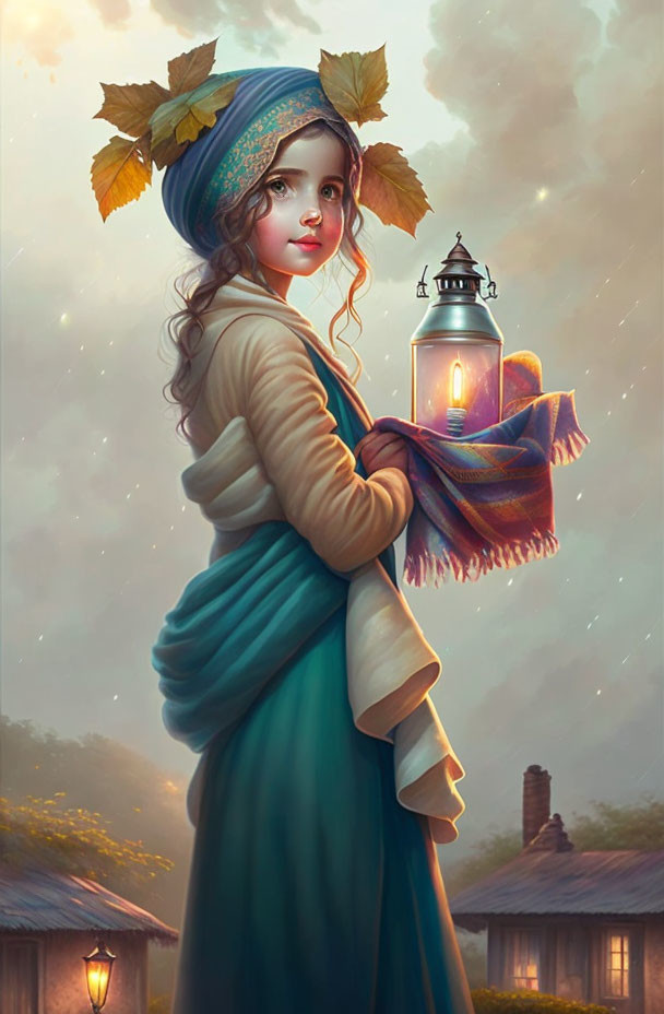 Young girl in vintage dress holding lantern with soft-focused background