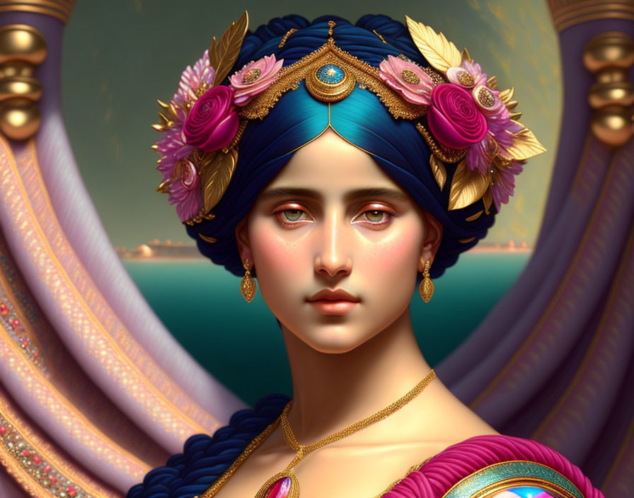 Illustrated woman with blue hair in turban with gold and pink flowers, gold earrings and necklace