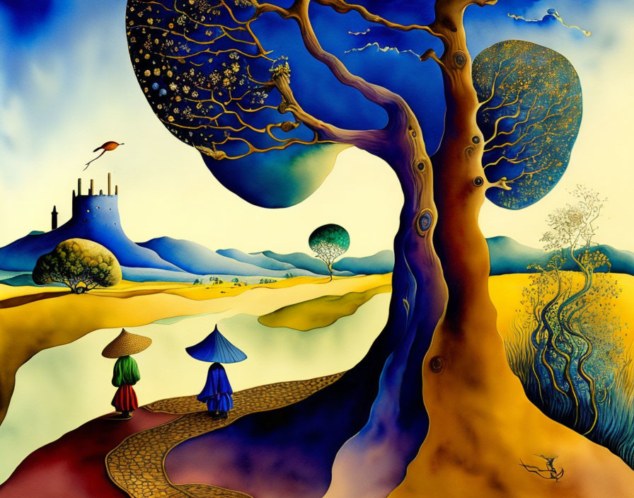 Whimsical painting of tree, castle, hills, figures with umbrellas