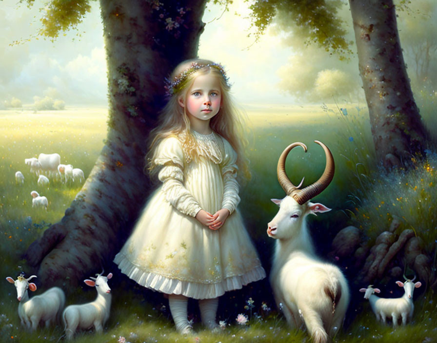 Young girl in vintage dress with flower crown in forest clearing with gentle goats