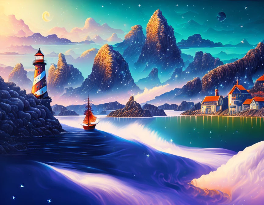 Fantasy landscape with lighthouse, sailing ship, mountains, and starry sky