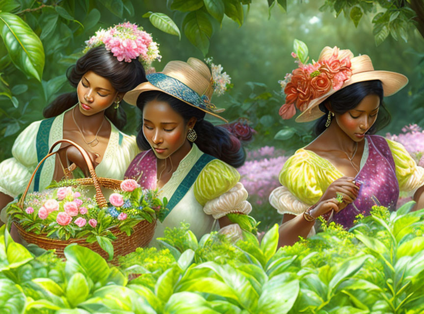 Vintage-clad women gathering flowers in lush garden with wide-brimmed hats