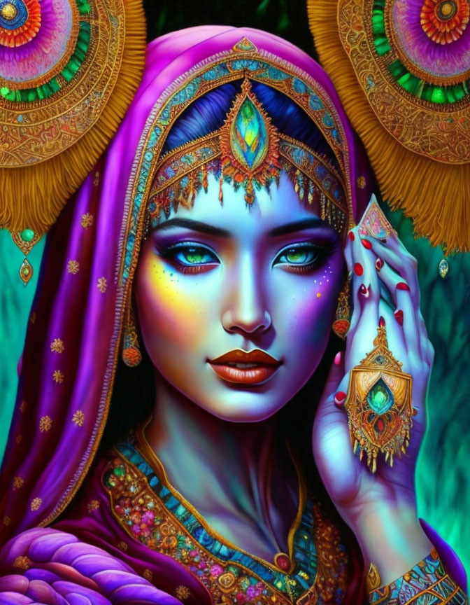 Vibrant digital artwork: Woman with purple, green, and gold hues, exotic and mystical.